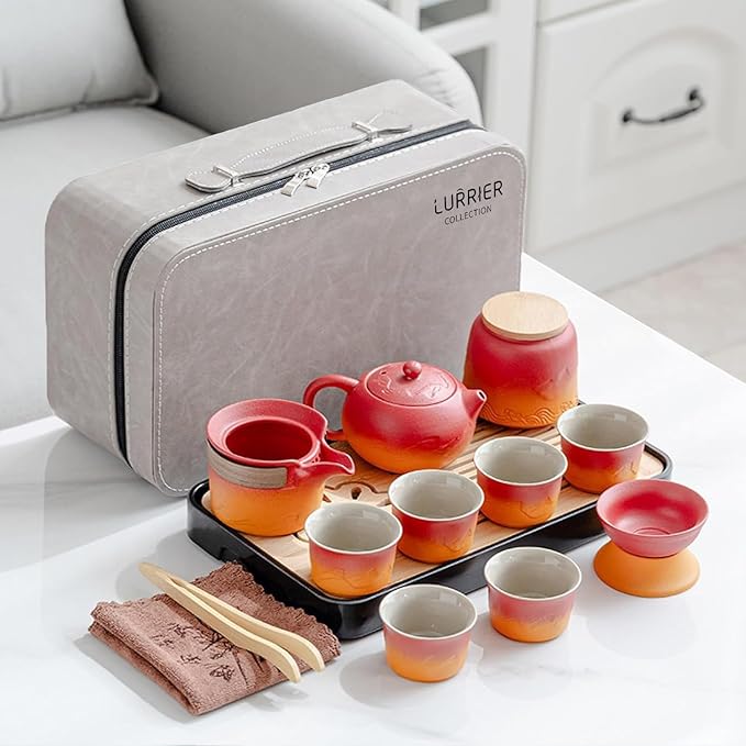 LURRIER Gongfu tea sets, Portable Ceramic TeaSet, Asian Tea sets for adult, Tea Gift sets, Grey leather case, Portable Travel Bag,Home,Gifting,Outdoor and Office(XRed and Orange) - Bloomnest
