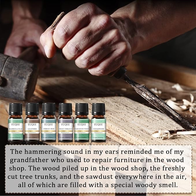 EUQEE Fragrance Oils Gift Set Premium Woody Scented Oil - Forest Pine, Warm Rustic Woods, Bamboo & Teak, Cedarwood, Leather, Sweet Tobacc(Honeyed Haze), for Diffuser, Soap Making, Candle - 6x10ml EUQEE