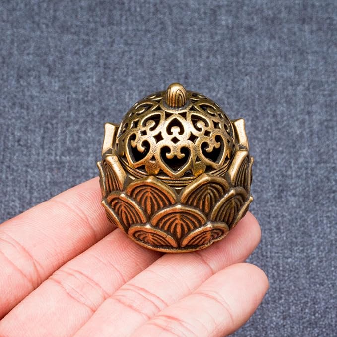 2 Pcs Mini Brass Lotus Flower Incense Holder, Calligraphy Style Closed Incense Burner Desktop Ornament Ash Catcher with Lid for Bedroom Kitchen Teahouse Office Home Decor Yoga Spa Madiation - Bloomnest