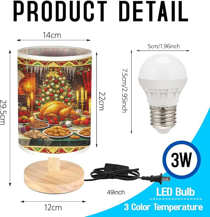 Christmas Feast Table Lamp LED 3-Color Pressed Bedside for Merry Christmas, Christmas Feast Shade Christmas Table Lamp with Wood Base for Bedroom Living Room Desk Office - Bloomnest