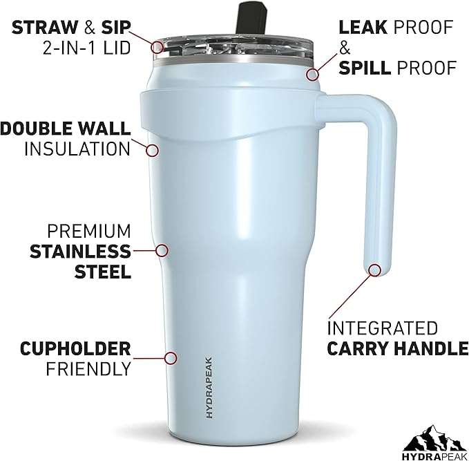 Hydrapeak Roadster 40oz Stainless Steel Tumbler Double Wall Vacuum Insulated Water Bottle With Handle And 2 in 1 Straw Lid (Powder Blue) - Bloomnest