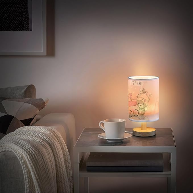 Table Lamp Teddy Bear with Pink Baby Carriage Heart Quote It's A Girl Nightstand Lamp with Wood Base Fabric Lamp Shade Bedside Desk Lamp for Living Room Bedroom Kids Room Office - Bloomnest
