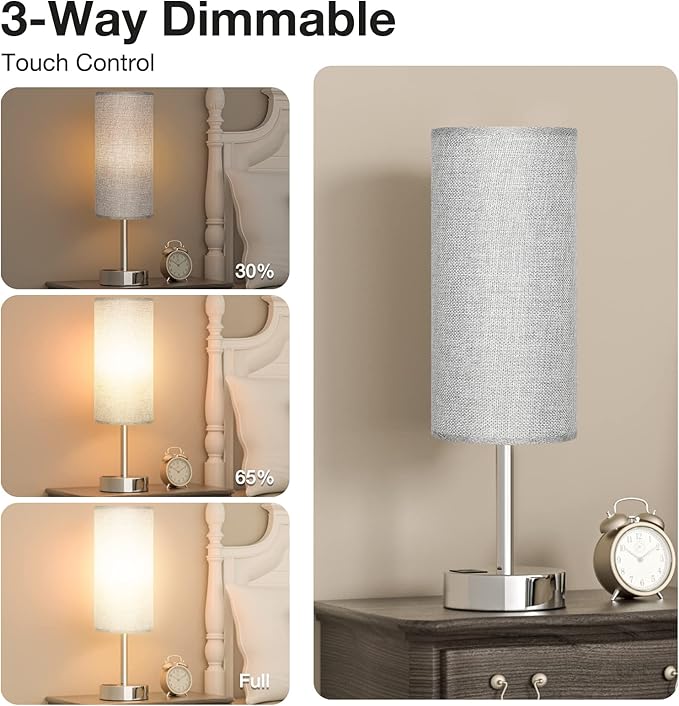 Grey Touch Nightstand Lamps for Girl - Small Bedside Lamp with USB-C and USB Charging Ports, 3 Way Dimmable Control Table Lamp for Living Room Office, Dorm, Reading with Fabric Shade Silver Base - Bloomnest