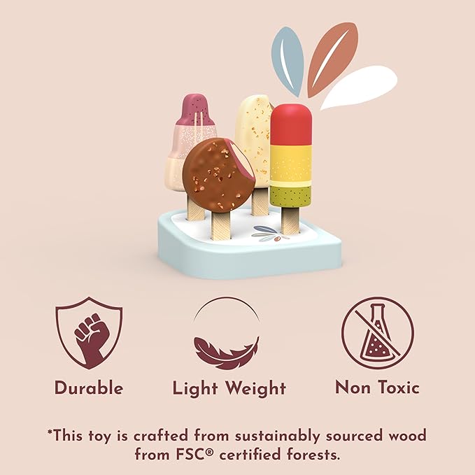 SPEEDY MONKEY Wooden Ice Cream Bar Stand with 4 Treats – FSC Certified Popsicle & Gelato Pretend Play Dessert Counter for Kids, Sweet Food Role Play Toy for Toddlers, Boys & Girls, Ice Cream Cart Set - Bloomnest