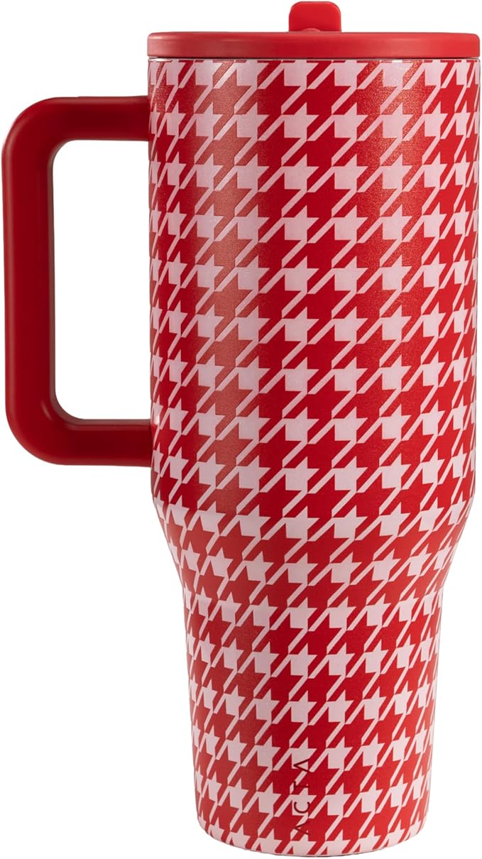 HydroJug Traveler - 40 oz Water Bottle with Handle & Flip Straw - Fits in Cup Holder, Leak Resistant Tumbler-Reusable Insulated Stainless Steel & Rubber Base - Gifts for Women & Men, Halle Houndstooth Hydrojug