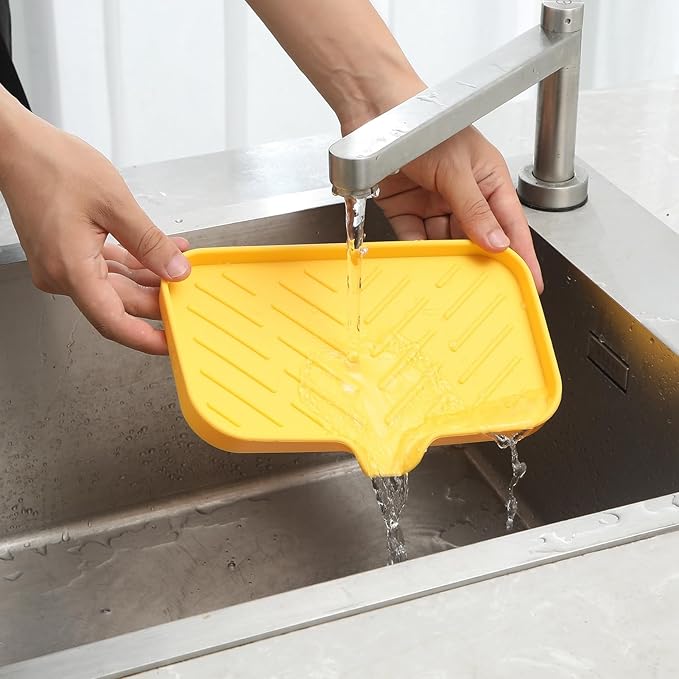 Silicone Bathroom Soap Dishes with Drain Spout-Bathroom and Kitchen Sink Organizer,Sponge Holder,Dish Soap Tray,Perfect for Dispenser,Scrubber,Bottle,Cup on Sink or Counter-Yellow 9.6"×5.3" - Bloomnest