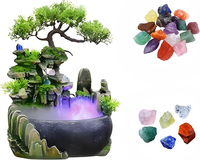 Free 10 PCS Crystal & CYLLYKGIFT Crystal Energy Guard & Tabletop Bonsai Tree Fountain - with LED Lights, Rock Waterfall, Misting Natural Crystals - Bloomnest