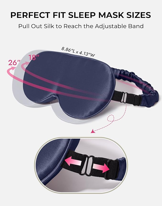 SilkSilky 100% 22 Momme Mulberry Silk Sleep Mask – Upgraded 3D Contoured Eye Mask with Nose Wing Pads & Adjustable Strap, Luxury Blackout Eye Cover for Women & Men (Dark Blue) - Bloomnest