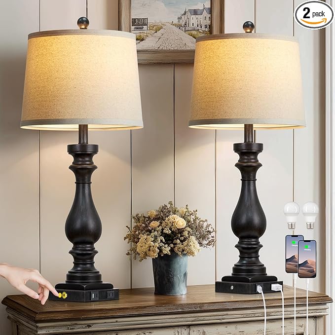 29" Tall Vintage Table Lamps Set of 2,Black Farmhouse Bedside Lamps with USB C+A Ports & AC Outlet,3-Way Dimmable Touch Lamp for Night Stands Living Room Bedroom,Black - Bloomnest