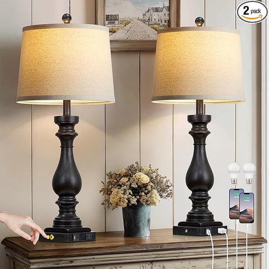29" Tall Vintage Table Lamps Set of 2,Black Farmhouse Bedside Lamps with USB C+A Ports & AC Outlet,3-Way Dimmable Touch Lamp for Night Stands Living Room Bedroom,Black - Bloomnest