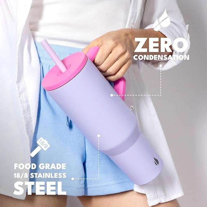Elemental 40 oz Tumbler with Handle and Straw - Spill Proof Insulated Stainless Steel Commuter for Hot and Cold Beverages - Travel Coffee Mug with 2 Straws & Spill Proof Lid - 40oz - Lilac Tie Dye - Bloomnest