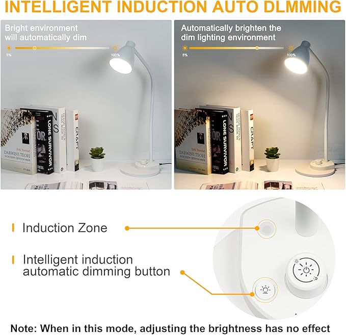 BOHON LED Desk Lamp with USB Charging Port, 3 Color Modes Dimmable Reading Lamp, Auto Dimming Task Lamp, Flexible Gooseneck Table Light for Dorm Bedside, Adapter Include, White - Bloomnest