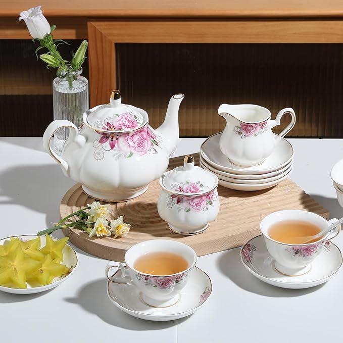Sweejar Ceramic Teapot with Infuser, Floral Relief Gold Rimmed Teapot, 29 OZ Porcelain Tea Pot for Blooming and Loose Tea, Coffee...(Flower) - Bloomnest