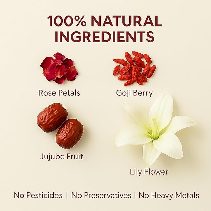 Rose Glow Herbal Blend | natural Herbal Tea With Rose, Goji Berry, Jujube, and Lily | Calming Floral Infusion and Relaxing Beverage | Includes 5 natural Tea Bags for Mindful Sipping