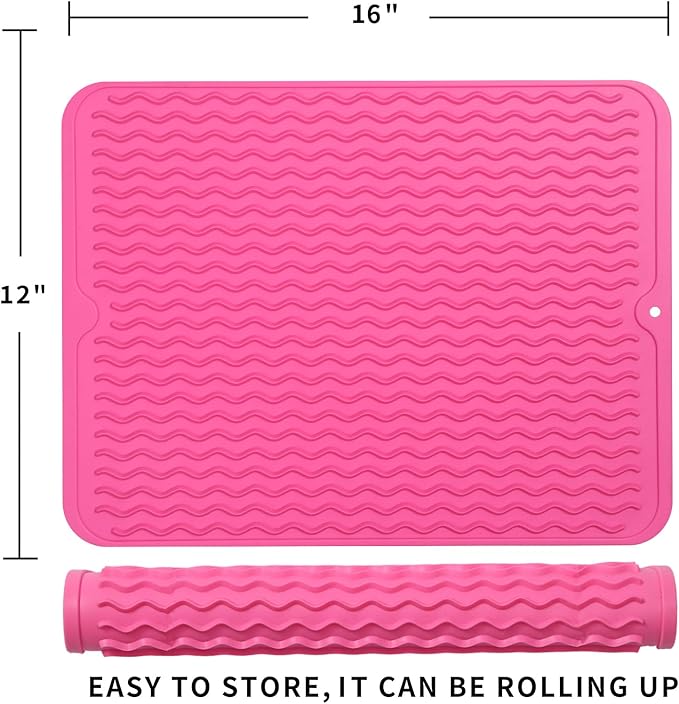 Silicone Dish Drying Mat for Multiple Usage,Easy clean,Eco-friendly,Heat-resistant Silicone Mat for Kitchen Counter or Sink,Refrigerator or drawer liner Rose L 16 inches x 12 inches - Bloomnest