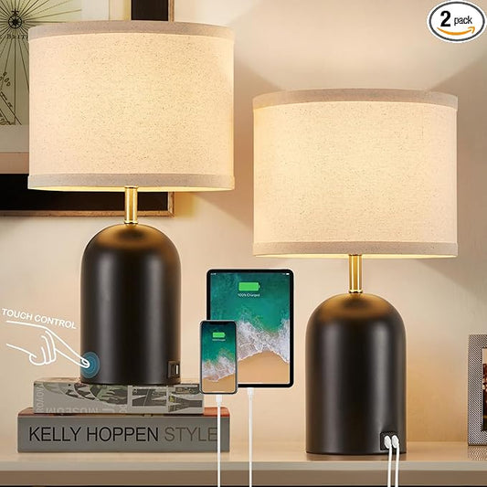 Touch Control Table Lamps Set of 2, Modern Bedside Lamp with 2 USB Ports, 3-Way Dimmable Gold and Black Nightstand Lamp with Fabric Shade for Living Room Bedroom Office Dorm(LED Bulbs Included) - Bloomnest