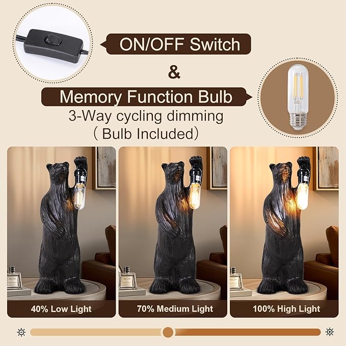 Scenekoy Bear Table Lamp for Living Room Bedroom, Memory Function, 3 Way Cycling Dimming, Resin Gothic Style Bedside Nightstand Lamps, Rustic Night Light Home Room Decor (Bulb Included) - Bloomnest