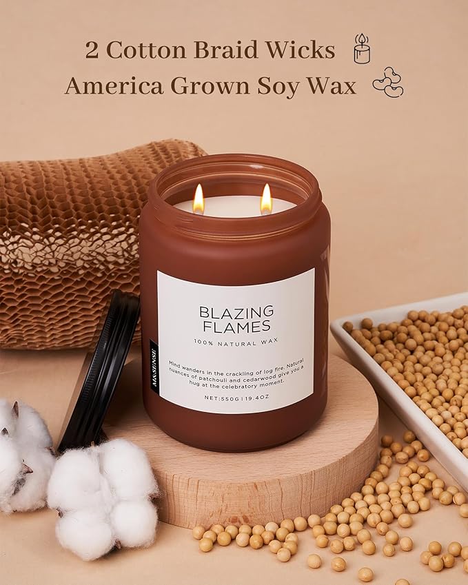 M&SENSE Blazing Flames Scented Candles with Log Fire - Patchouli & Cedarwood, Large Natural Soy 19.4oz 110 Hour Long Lasting Non Toxic Clean Burn Candle Gifts for Men Women - Bloomnest