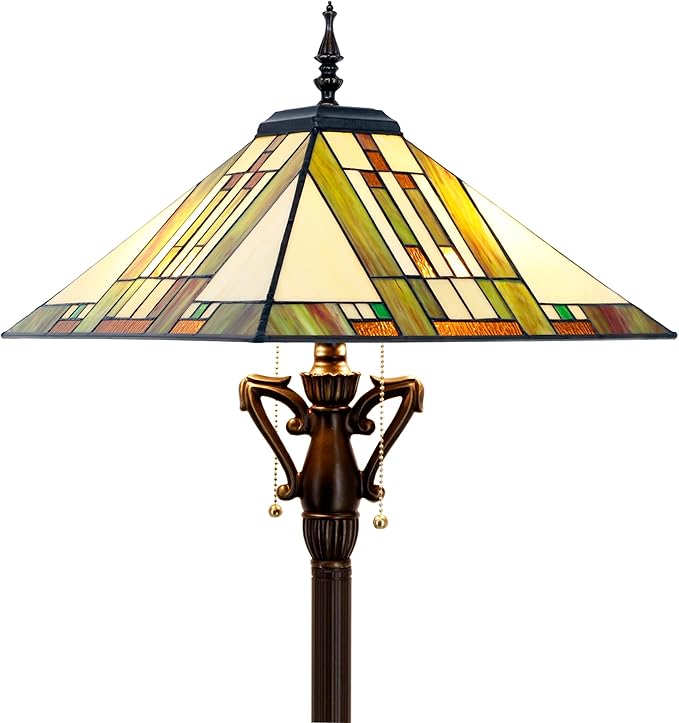 Tiffany Floor Lamp Blue White Brown Mission Style Stained Glass Standing Reading Light 16X16X64 Inch - Bloomnest