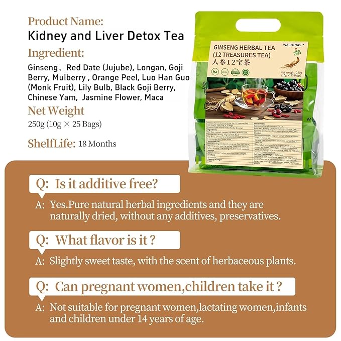 Premium Ginseng Tea - Natural Organic Kidney and Liver Detox Tea - 12 Herbal Blend with Goji Berry，Jujube, Longan, Mulberry & Maca - Caffeine & Sugar Free - 25 Individually Wrapped Pyramid Large Tea Bags (250g) - Bloomnest