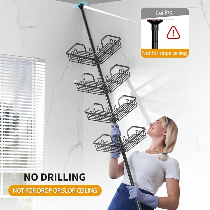 KEGII Adjustable Shower Caddy Corner Tension Pole, Rustproof Shower Rod Organizer with Hooks, Floor to Ceiling Tension Rod 25-114.2 Inch, Bathtub Storage Organizer for Shampoo, 4-Tier Black - Bloomnest