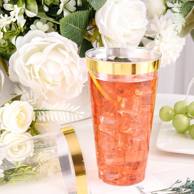 I00000 16 oz Gold Plastic Cups, 50 Pack Clear Plastic Cups Tumblers Gold Rimmed Disposable Cup, Heavy-duty Disposable Cup Perfect for Halloween, Thanksgiving and Christmas Parties - Bloomnest