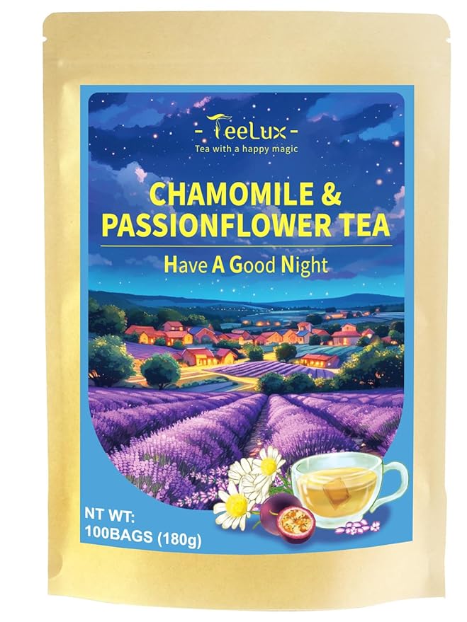 TeeLux Chamomile Passionflower Tea, Caffeine Free Tea with Lemon Balm, Spearmint, Valerian Root, Lavender, Soothing & Smooth Taste, 100 Count - Bloomnest