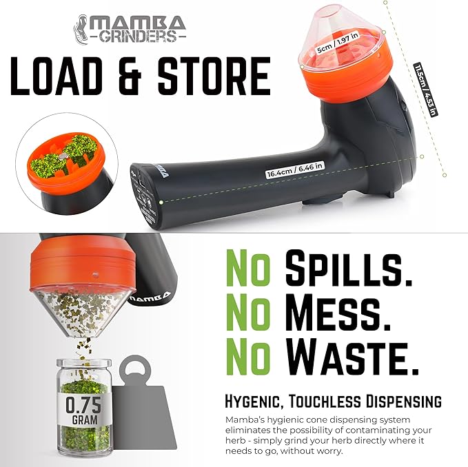 Mamba Lite 0.75g Orange All Plastic Head USB Electric Herb Grinder. Small Portable Herbal Machine & Spice Mill for the Kitchen - Bloomnest