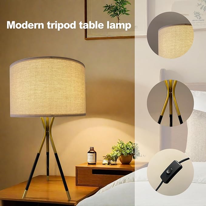 20.8" Modern Metal Tripod Table Lamp Set of 2, Nightstand Lamp with Beige Linen Lampshade, Side Table Lamp for Bedroom Living Room Coffee Table Home Office (Bulb Included) - Bloomnest