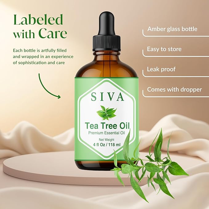 Siva Tea Tree Essential Oil - 4 Fl Oz – 100% Natural Tea Tree Oil - for Diffuser, Face, Skin Care, Aromatherapy, Hair Care, Scalp and Body Massage - with Dropper - Bloomnest