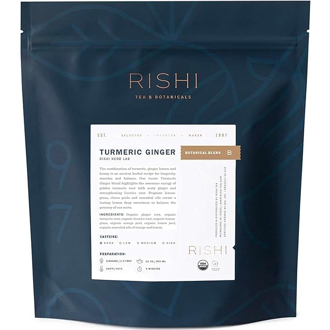 Rishi Tea Turmeric Ginger Herbal Tea - Organic Loose Leaf, Caffeine Free Ayurvedic Digestive Blend with Spicy Ginger & Citrus - 16 Ounces, 55+ Servings - Bloomnest