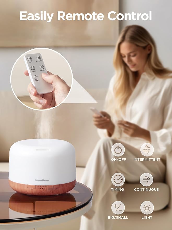 InnoGear 500ml Essential Oil Diffuser with Remote Control, Premium Ultrasonic Aromatherapy Diffusers Scent Humidifier Vaporizer Auto-Off Timer for Large Room Home, Yellow - Bloomnest