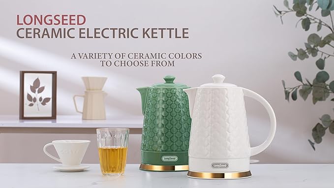 Ceramic Electric Kettle, 1.5L/1200W Boil Water Quickly and Easily with Boil-Dry Protection Auto Shut Off, Detachable Swivel Base, White Relief Carving - Bloomnest