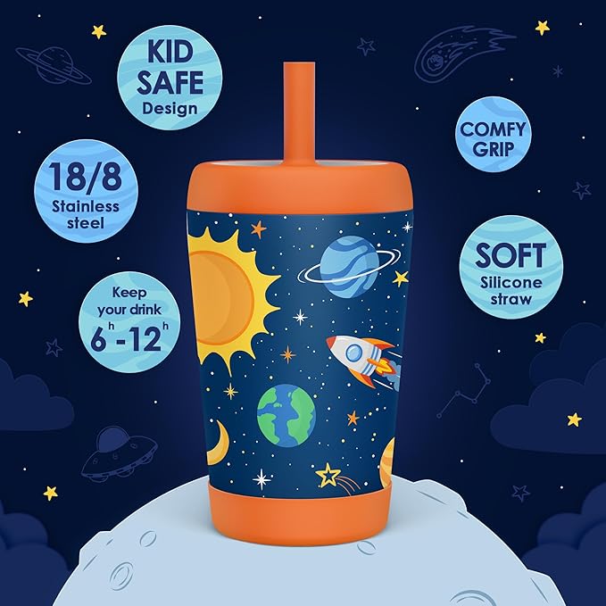 Kid Insulated Stainless Steel Tumbler with Silicone Straw, 12oz Sippy Cup for Kids (Outer Space) - Bloomnest