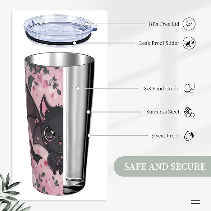 Bat Tumbler with Lid and Straw 20 oz Stainless Steel Cup Insulated Tumbler Coffee Mug for Home Office or Car Christmas Birthday Gifts - Bloomnest