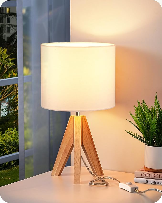 EDISHINE Small Cute Table Lamp, Wood Tripod Nightstand Lamp, Mid Century Bedside Lamp with Linen Fabric Shade for Nursery, Living Room, Bedroom, End Table, UL Listed, 14.2 Inch, ON/Off Switch - Bloomnest