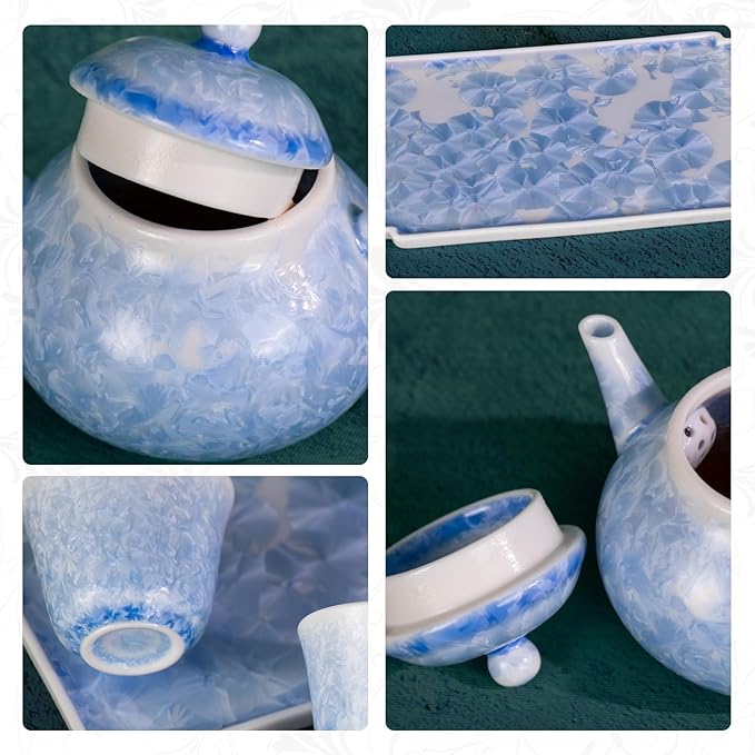 KAMMAK Tea Set Porcelain Tea Pot and Tea Cups Set,Ice Crystal Blue Asian Ceramic Tea Cups and Saucers Set, Chinese Gong Fu Tea Set (2 Cups +1 Pear-shaped Teapot + 1 Square Plate) - Bloomnest