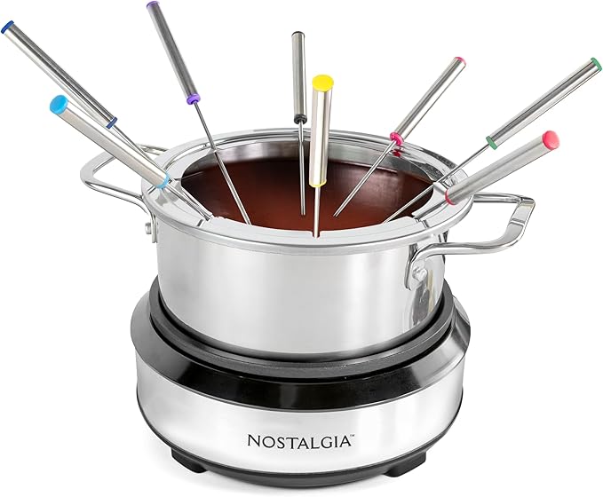 Nostalgia 8-Cup Electric Fondue Pot Set for Cheese & Chocolate - 8 Color-Coded Forks, Temperature Control - Kitchen Gadgets and Appliances for Hors d'Oeuvres and More - Stainless Steel - Bloomnest