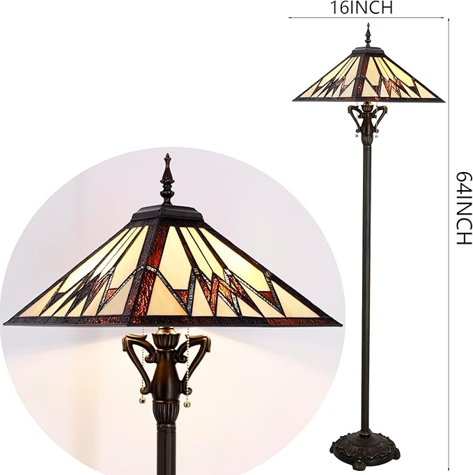 Tiffany Floor Lamp Cream Amber Mission Style Stained Glass Standing Reading Light 16X16X64 Inch - Bloomnest