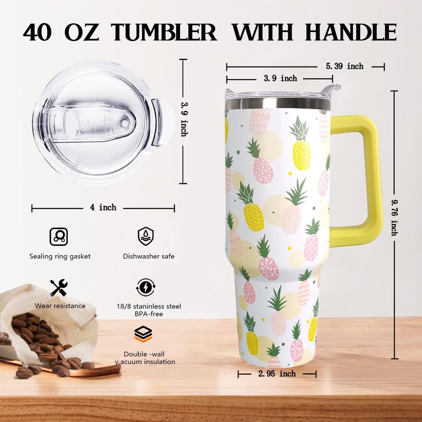 Ceovfoi 40oz Pineapples Coffee Mug Cup Water BottlesTumbler With Handle Lid and Straw,Pineapples Decor Stuff Accessories