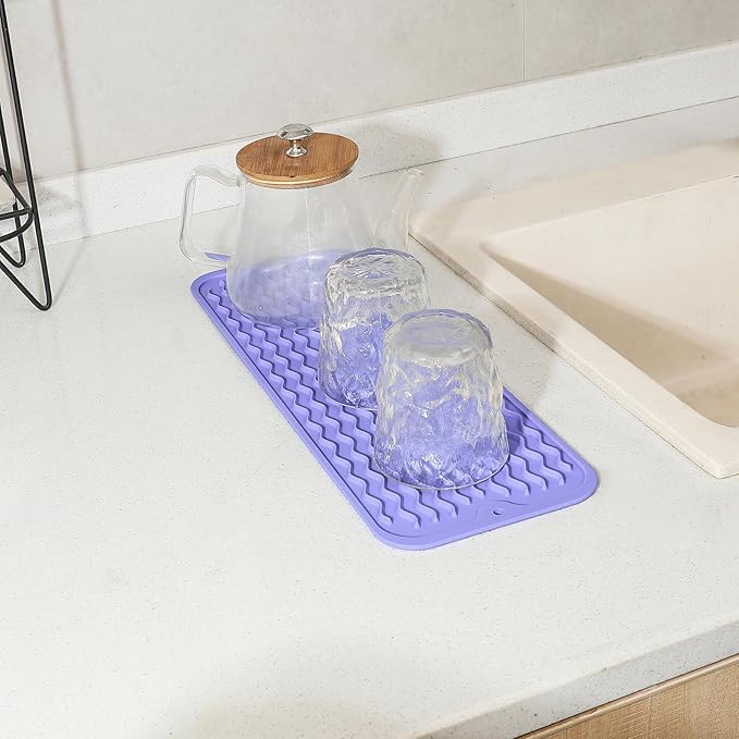 Silicone Dish Drying Mat for Multiple Usage,Easy clean,Eco-friendly,Heat-resistant Silicone Mat for Kitchen Counter,Sink,Bar,Bottle,or Cup Light Purple M 17 inches x 6 inches - Bloomnest