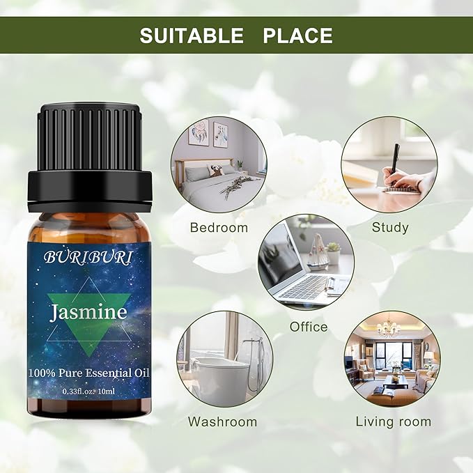 BURIBURI Jasmine Essential Oil, 100% Pure, Undiluted, Natural, Organic Aromatherapy Jasmine Oils 10ML for Massage, Diffuser, Soap Making Candle Making BURIBURI