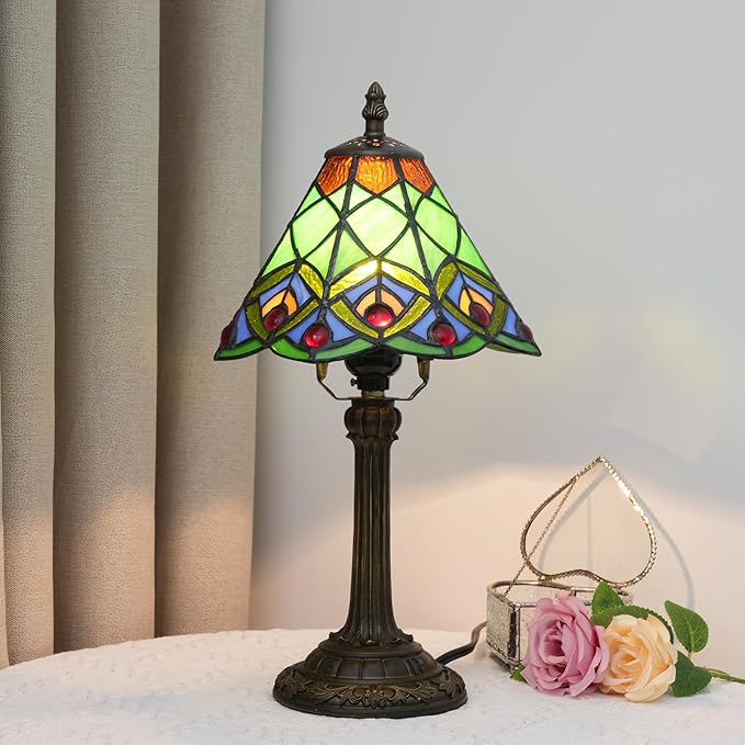 8 Inch Tiffany Style Stained Glass Table Lamp, Peacock Feather Pattern Retro Style Design, Suitable for Bedroom Bedside Lamp Office Study and Other Home Art Decoration (Green) - Bloomnest