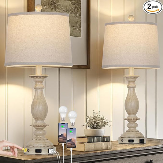 28" Tall Farmhouse Table Lamps for Living Room Set of 2,Vintage Rustic Beige Bedside Touch Lamp with USB C+A Ports & AC Outlet, 3-Way Dimmable Resin Nightstand Lamp for Bedroom Entryway Office - Bloomnest