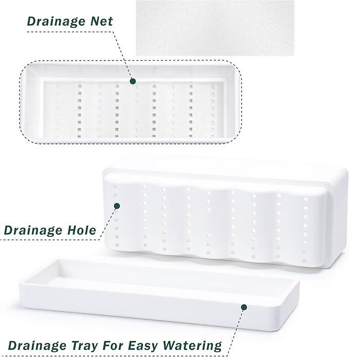 D'vine Dev 12 Inch Window Box Planter, Rectangle Plastic Herb Planter with Drainage Holes and Saucer, Indoor Succulent Cactus Vegetable Pot for Windowsill, Garden Balcony, White, Set of 2, 76-X-A-2 - Bloomnest