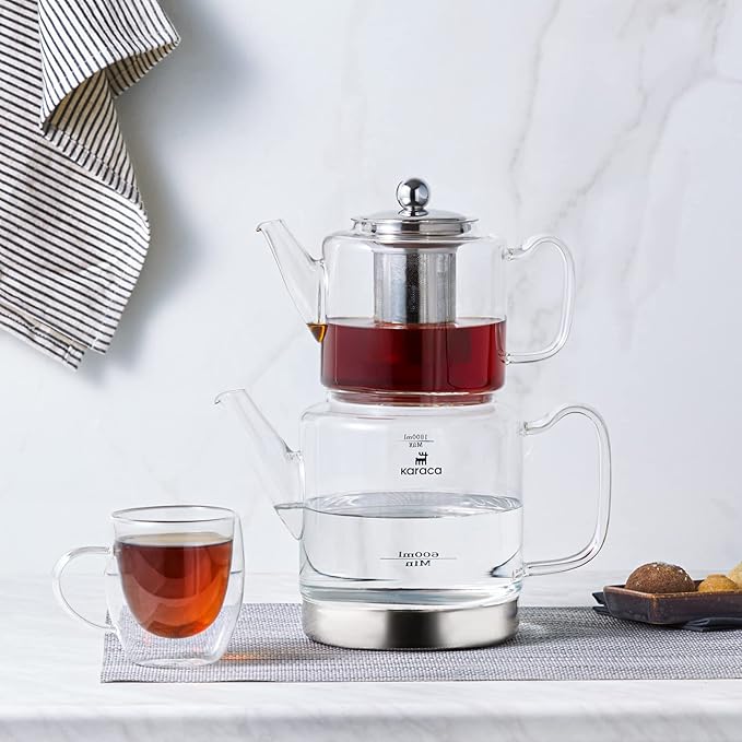 Karaca Dora Teapot Set, Glass, Tea Pot 1 L/33 oz, Kettle 2 L/66 oz Silver, Transparent, Tea Maker, Kettle, Turkish Tea Kettle, Tea Maker, XLarge, Suitable for Induction - Bloomnest