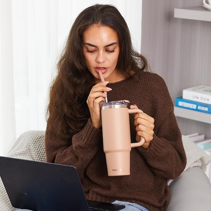 30 oz Tumbler with Handle, Tumbler with Lid and Straw, Double Wall Vacuum Insulated Travel Mug Stainless Steel Tumbler for Hot and Cold, Cupholder Friendly (Mocha) - Bloomnest