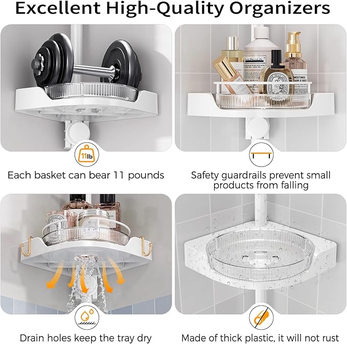 360° Rotating Corner Shower Caddy Tension Pole Organizer - 4-Tier Adjustable Rustproof Metal Pole, Plastic Shelves with Safety Guardrail, Bathroom Storage for Shower & Bathtub(White) - Bloomnest