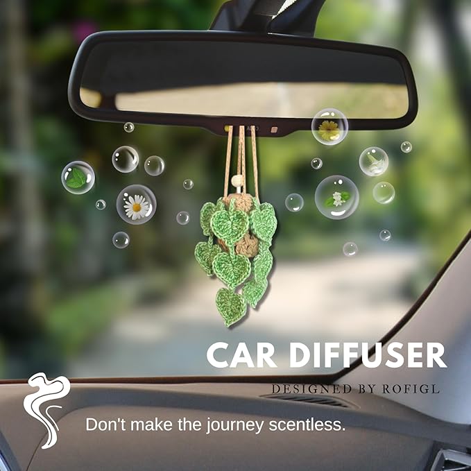 Handmade Crochet Hanging Car Air Freshener- Lifelike Green Pothos for Hanging with 12ml Thick Refillable Glass Diffuser Bottle, Suitable Decor for Car Rearview Mirror, Home & Wellness Spaces - Bloomnest