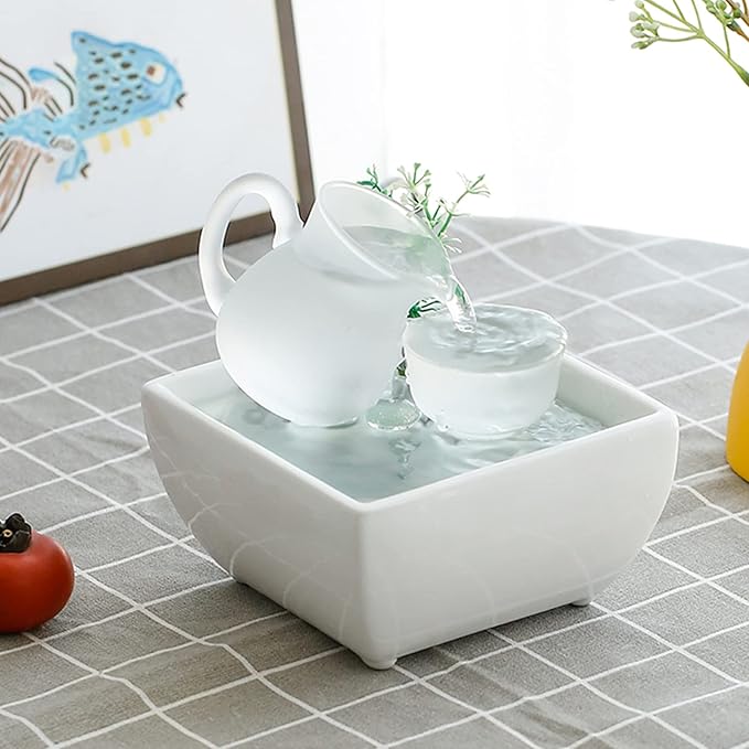 Tabletop Fountain, Indoor Desktop Waterfall, White Ceramic Decoration, Relaxing Soothing Water Flow, with 4 Color LED Lights, Suitable for Office Bedroom Decor,Quiet Dound of Water - Bloomnest